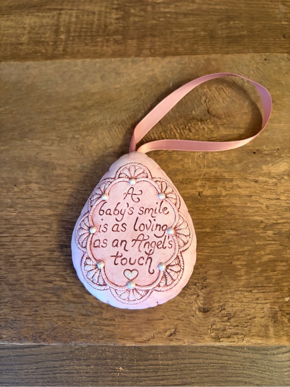 Vintage 1980s Handmade Ceramic Teardrop Ornament Pink Leather Look Ribbon Signed
